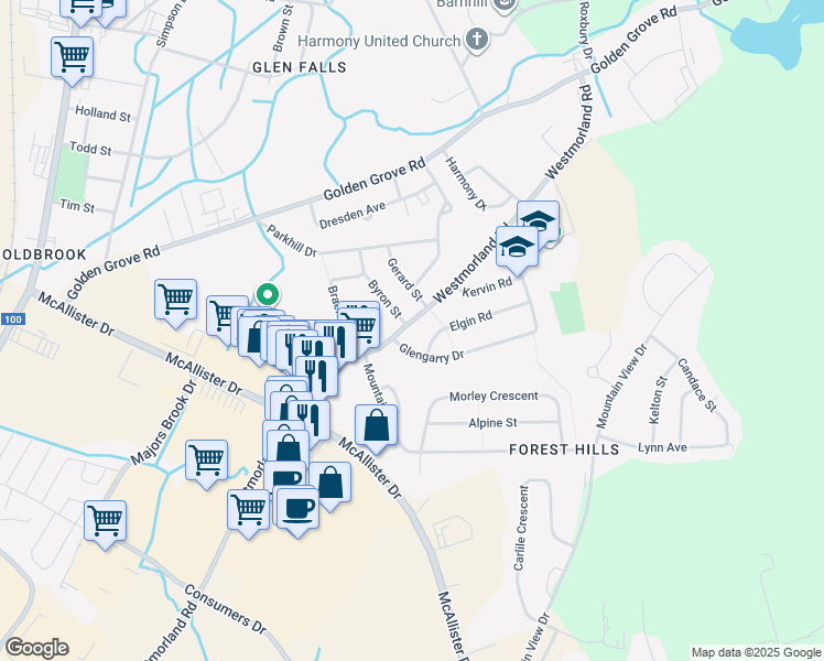 map of restaurants, bars, coffee shops, grocery stores, and more near 567 Westmorland Road in Saint John