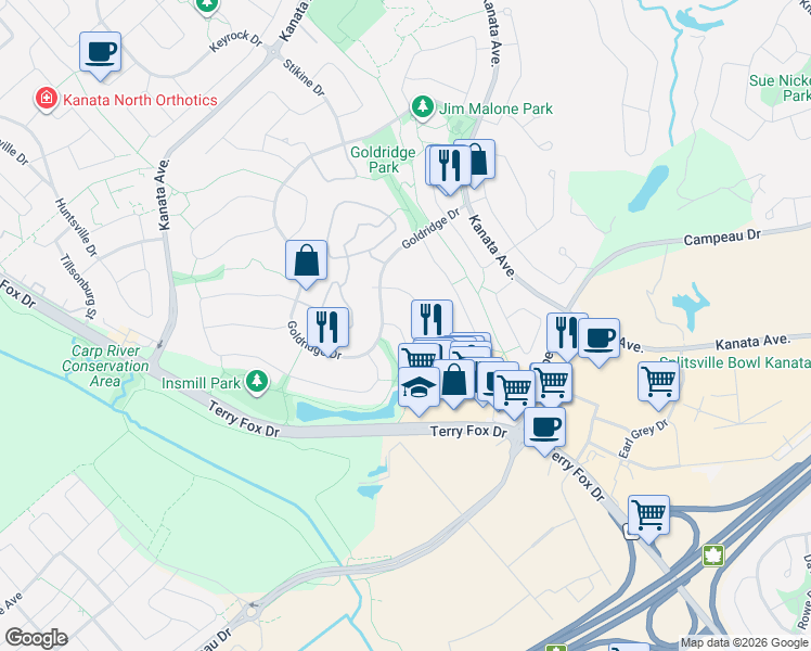 map of restaurants, bars, coffee shops, grocery stores, and more near 178 Hemlo Crescent in Ottawa
