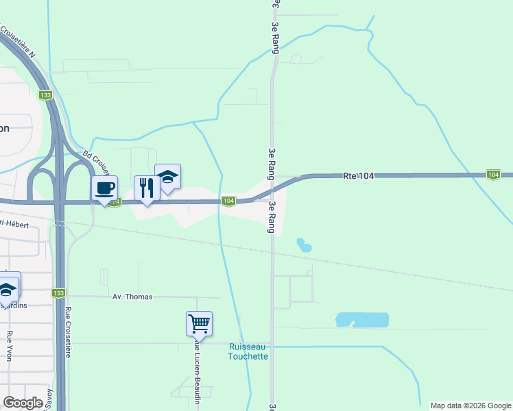 map of restaurants, bars, coffee shops, grocery stores, and more near 118 Québec 104 in Saint-Jean-sur-Richelieu