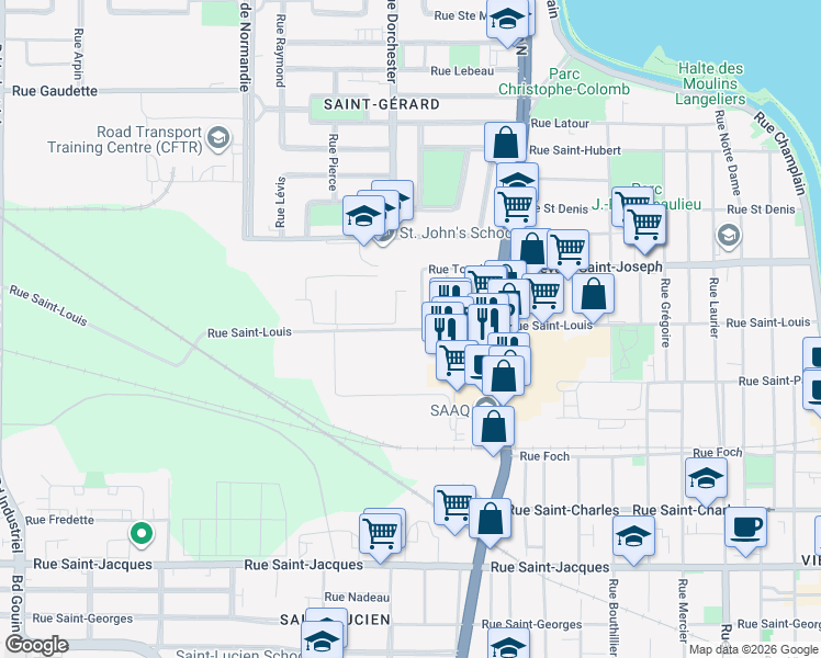 map of restaurants, bars, coffee shops, grocery stores, and more near Rue Saint-Louis in Saint-Jean-sur-Richelieu