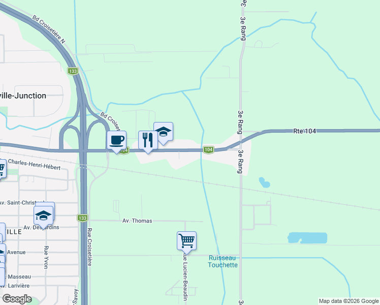 map of restaurants, bars, coffee shops, grocery stores, and more near 118 Québec 104 in Saint-Jean-sur-Richelieu