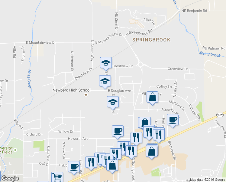 map of restaurants, bars, coffee shops, grocery stores, and more near 1499 Deborah Road in Newberg