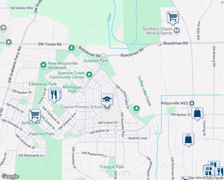 map of restaurants, bars, coffee shops, grocery stores, and more near 28723 Southwest Serenity Way in Wilsonville