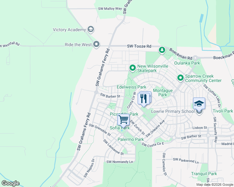 map of restaurants, bars, coffee shops, grocery stores, and more near 11814 Southwest Barber Street in Wilsonville