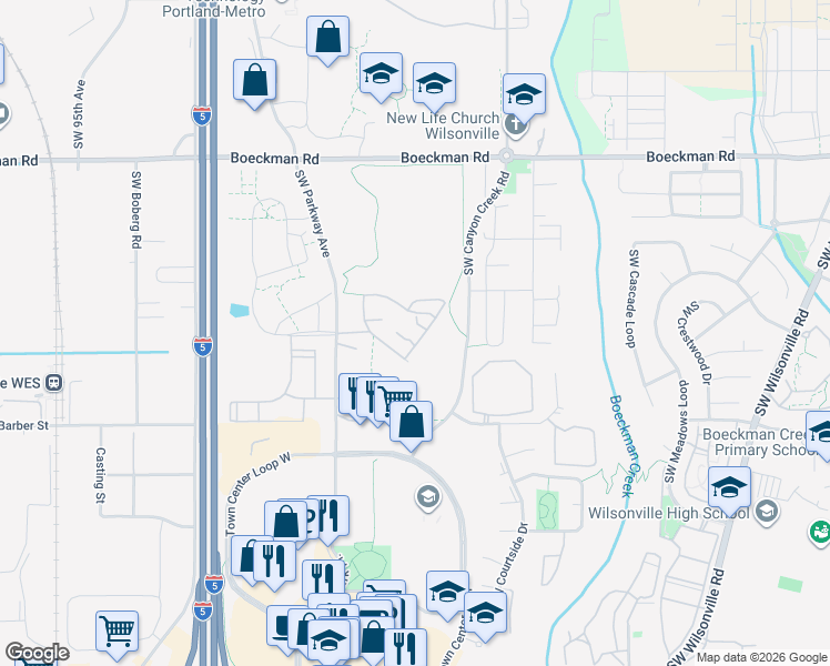map of restaurants, bars, coffee shops, grocery stores, and more near 8200 Southwest Maxine Lane in Wilsonville