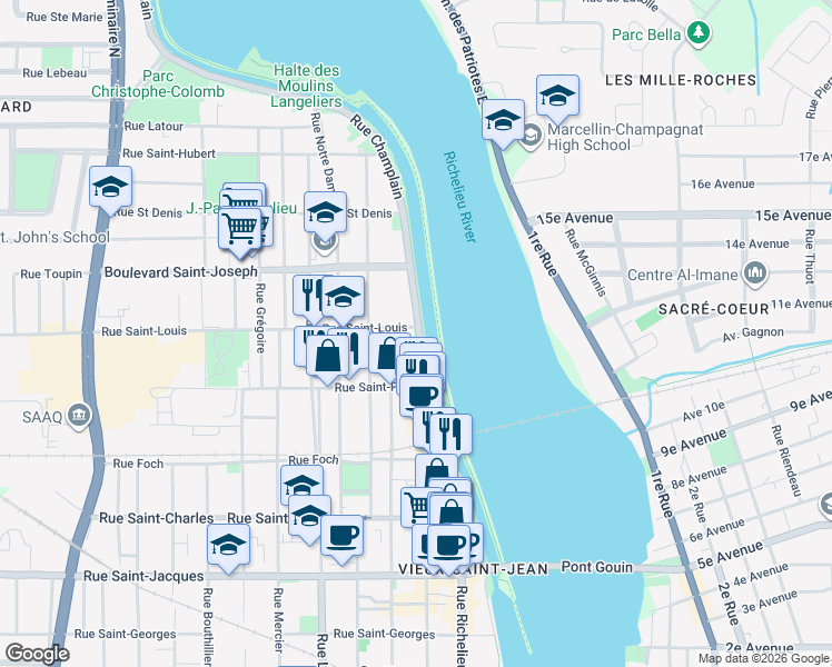 map of restaurants, bars, coffee shops, grocery stores, and more near 350 Rue Champlain in Saint-Jean-sur-Richelieu