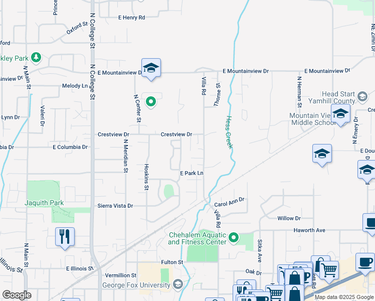 map of restaurants, bars, coffee shops, grocery stores, and more near 1616 Aldersgate Lane in Newberg
