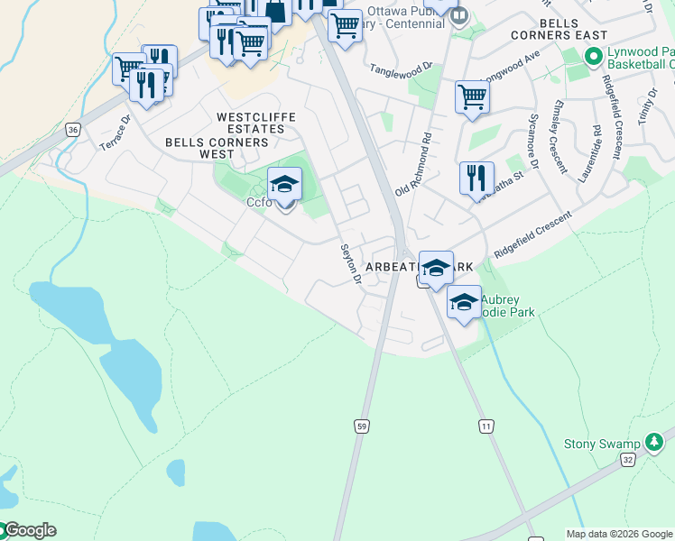 map of restaurants, bars, coffee shops, grocery stores, and more near 46 Forester Crescent in Ottawa