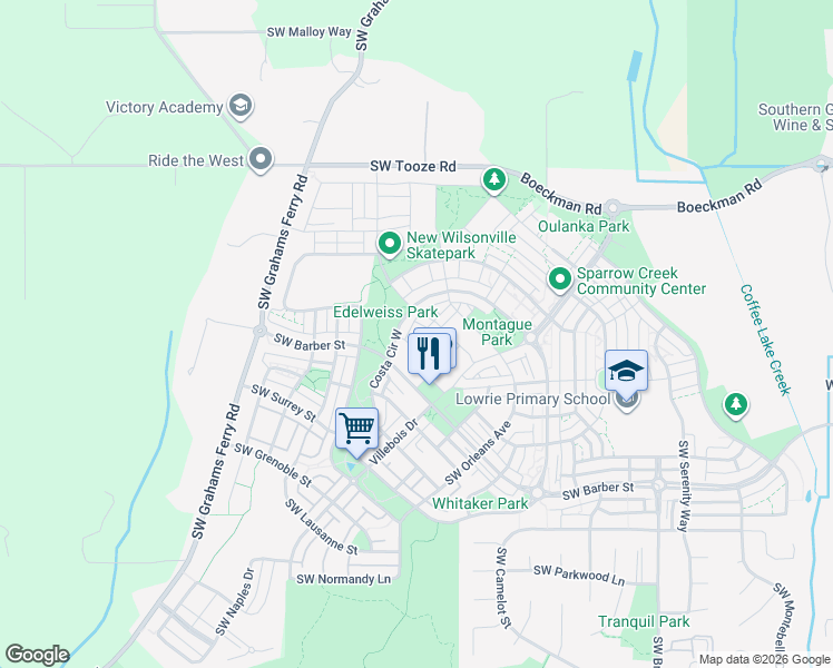 map of restaurants, bars, coffee shops, grocery stores, and more near 11745 Southwest Valencia Lane in Wilsonville
