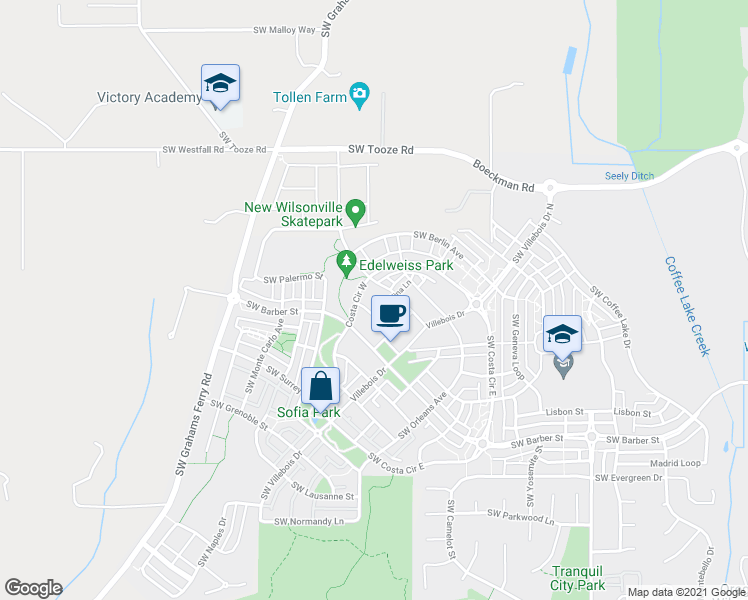 map of restaurants, bars, coffee shops, grocery stores, and more near 11745 Southwest Valencia Lane in Wilsonville