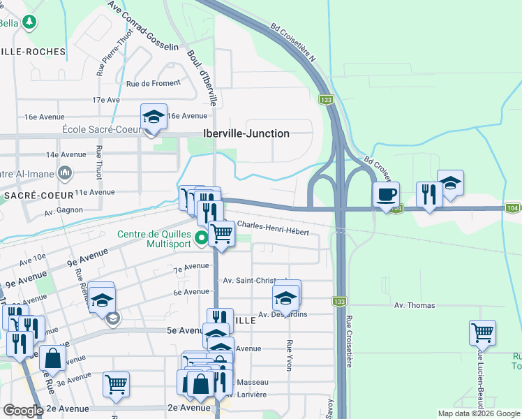 map of restaurants, bars, coffee shops, grocery stores, and more near 12 Québec 104 in Saint-Jean-sur-Richelieu