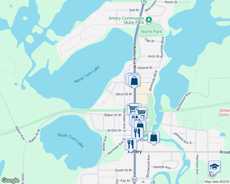 map of restaurants, bars, coffee shops, grocery stores, and more near 216 Lake Street in Amery
