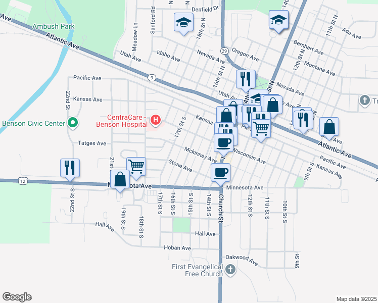 map of restaurants, bars, coffee shops, grocery stores, and more near 405 16th Street South in Benson