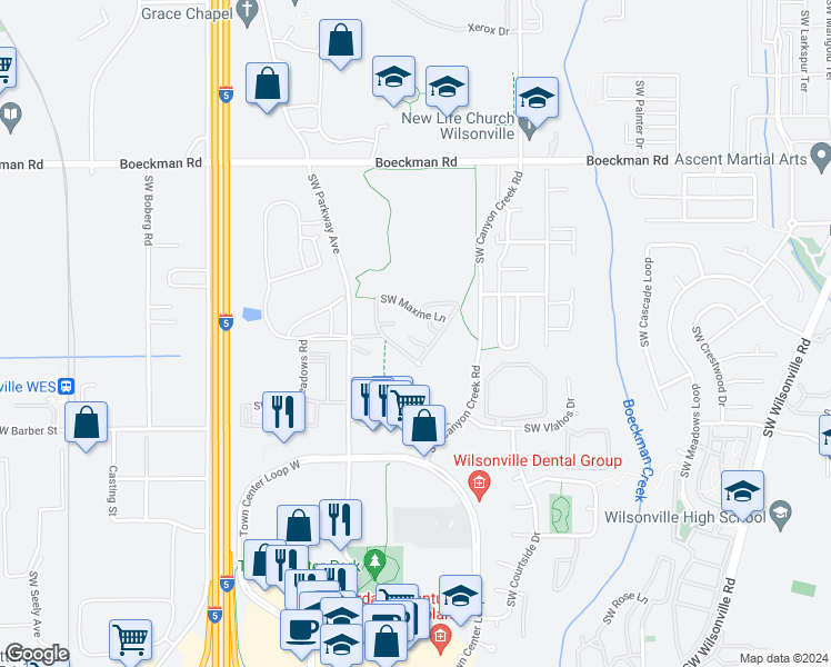 map of restaurants, bars, coffee shops, grocery stores, and more near 8195 Southwest Maxine Lane in Wilsonville