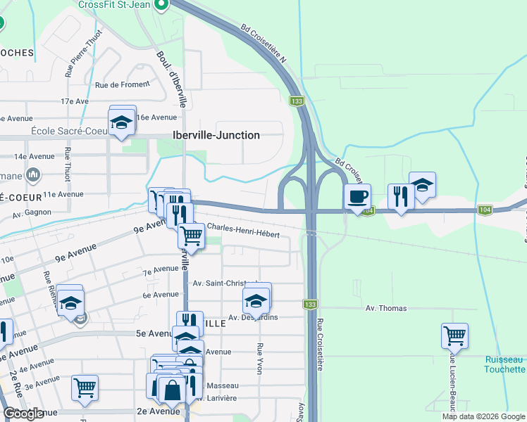 map of restaurants, bars, coffee shops, grocery stores, and more near 25 Québec 104 in Saint-Jean-sur-Richelieu