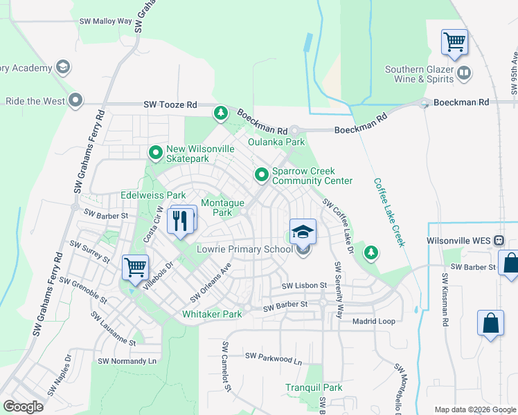 map of restaurants, bars, coffee shops, grocery stores, and more near 29120 Southwest Costa Circle East in Wilsonville
