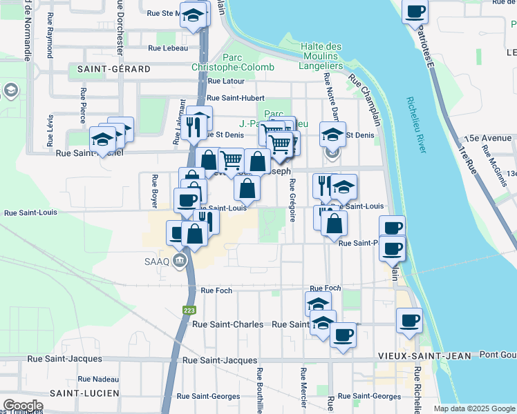 map of restaurants, bars, coffee shops, grocery stores, and more near 201 Rue Saint-Louis in Saint-Jean-sur-Richelieu