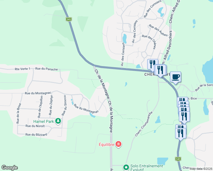 map of restaurants, bars, coffee shops, grocery stores, and more near 1196 Chemin de la Montagne in Orford