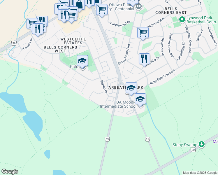map of restaurants, bars, coffee shops, grocery stores, and more near 1 Sonnet Crescent in Ottawa