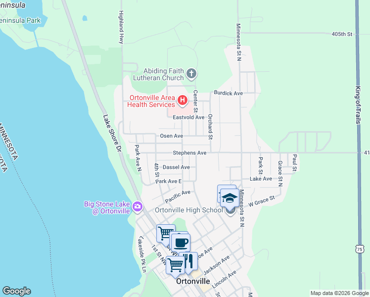 map of restaurants, bars, coffee shops, grocery stores, and more near 620 Cliff Street in Ortonville