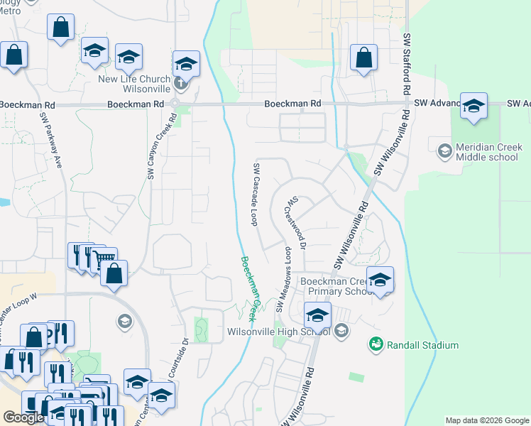 map of restaurants, bars, coffee shops, grocery stores, and more near 28669 Southwest Meadows Loop in Wilsonville