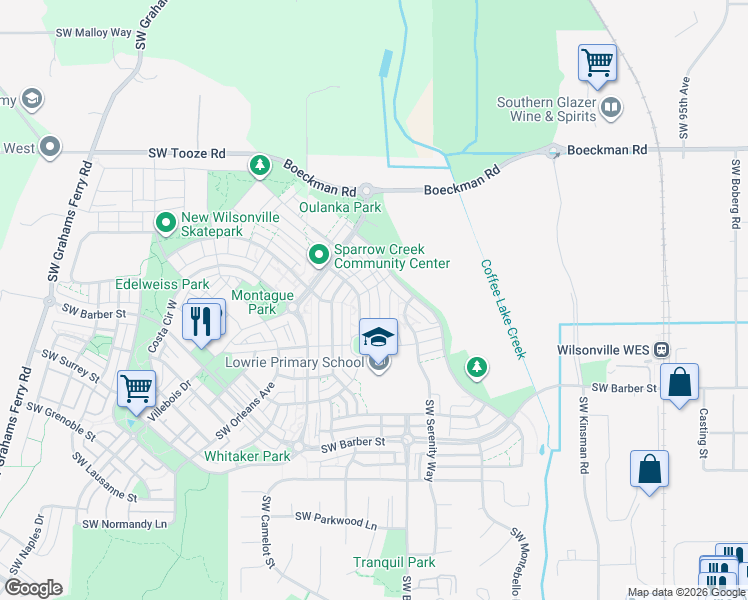 map of restaurants, bars, coffee shops, grocery stores, and more near 28717 Southwest Finland Avenue in Wilsonville