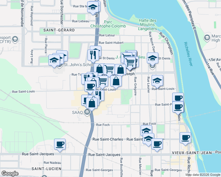 map of restaurants, bars, coffee shops, grocery stores, and more near 201 Rue Saint-Louis in Saint-Jean-sur-Richelieu