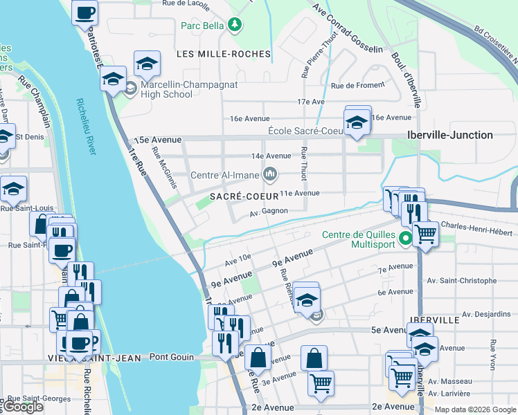 map of restaurants, bars, coffee shops, grocery stores, and more near 385 Rue Riendeau in Saint-Jean-sur-Richelieu