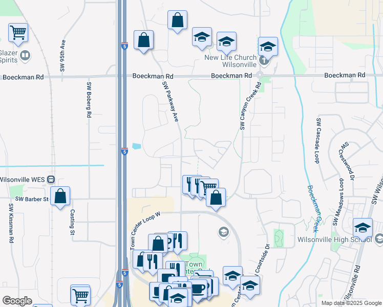 map of restaurants, bars, coffee shops, grocery stores, and more near 8352 Southwest Maxine Lane in Wilsonville