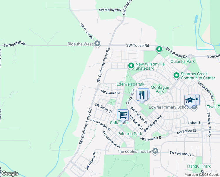map of restaurants, bars, coffee shops, grocery stores, and more near 12158 Southwest Lausanne Street in Wilsonville