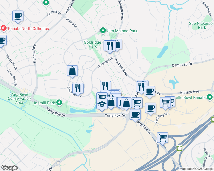map of restaurants, bars, coffee shops, grocery stores, and more near 36 Hemlo Crescent in Ottawa