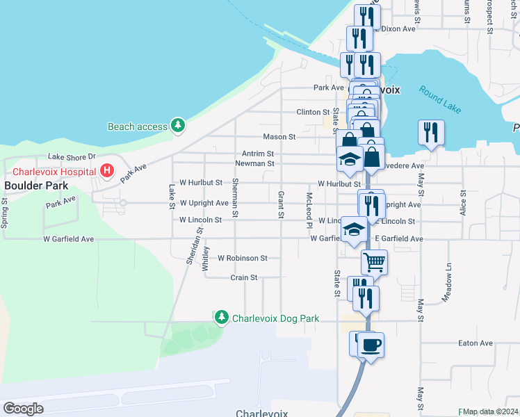 map of restaurants, bars, coffee shops, grocery stores, and more near 347-399 W Upright Ave in Charlevoix