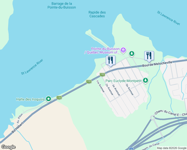map of restaurants, bars, coffee shops, grocery stores, and more near 517 Boulevard de Melocheville in Beauharnois