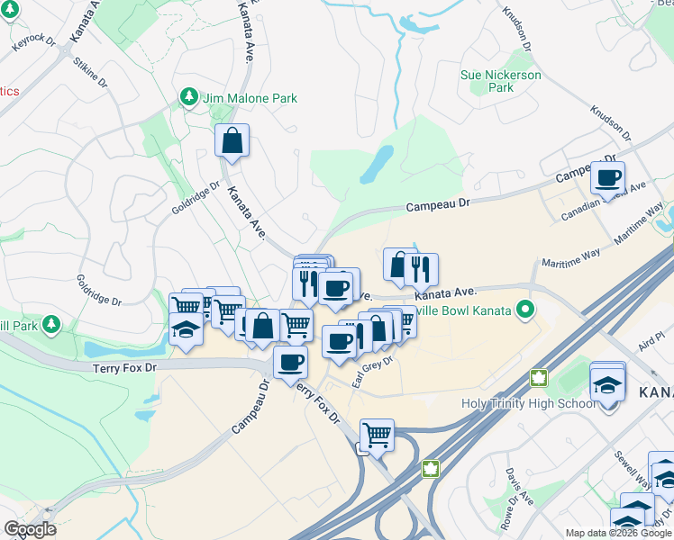 map of restaurants, bars, coffee shops, grocery stores, and more near 7307 Campeau Drive in Ottawa