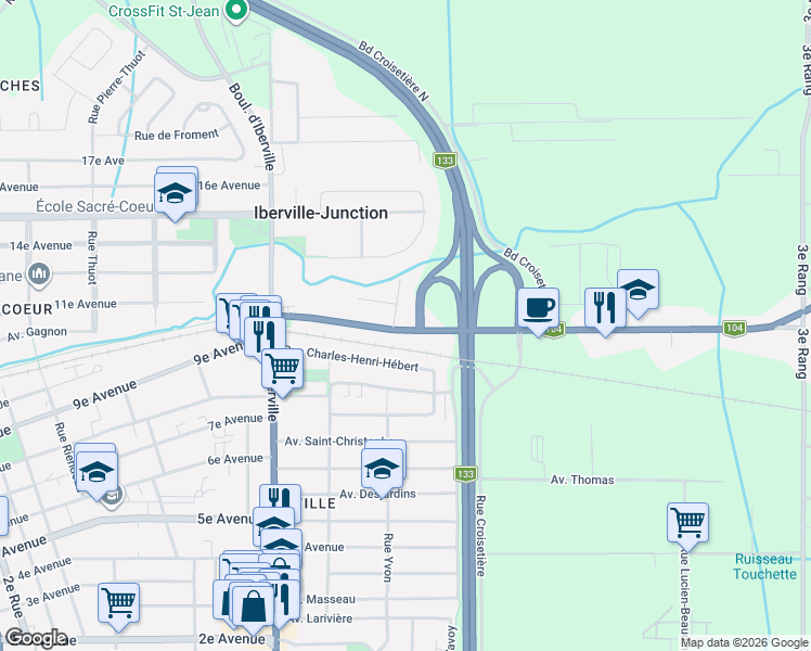 map of restaurants, bars, coffee shops, grocery stores, and more near 27 Québec 104 in Saint-Jean-sur-Richelieu