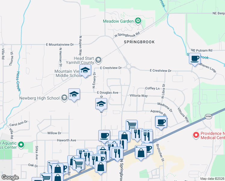 map of restaurants, bars, coffee shops, grocery stores, and more near 1800 North Cedar Street in Newberg