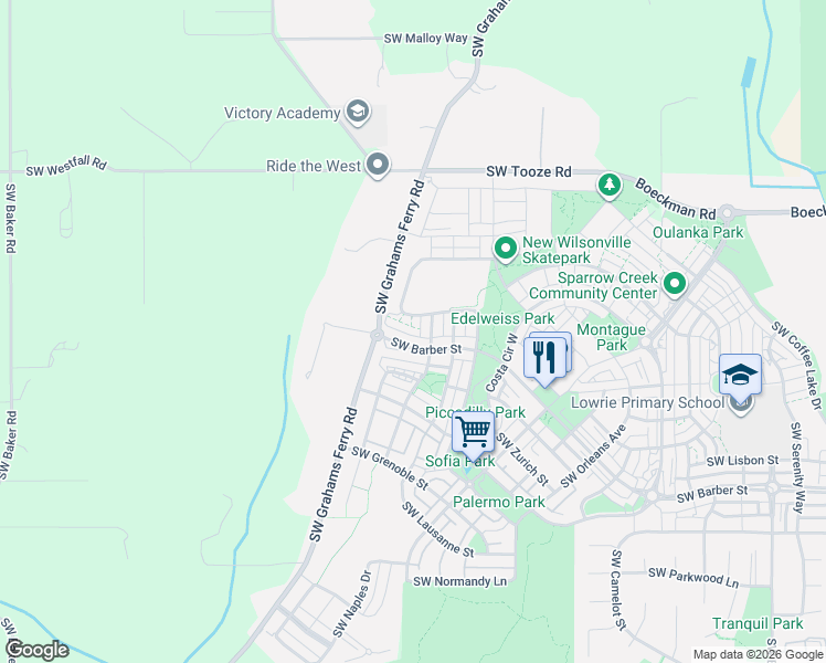 map of restaurants, bars, coffee shops, grocery stores, and more near 12188 Southwest Palermo Street in Wilsonville