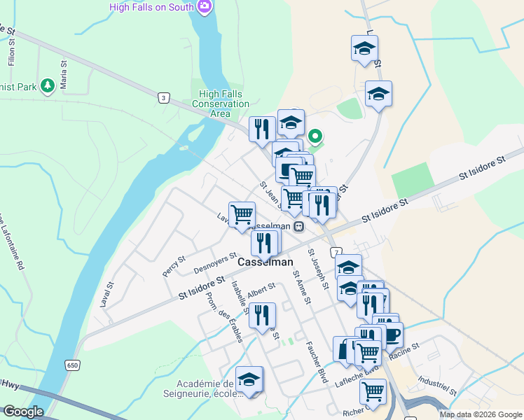 map of restaurants, bars, coffee shops, grocery stores, and more near 754 Saint Joseph Street in Casselman