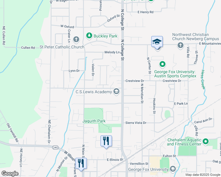 map of restaurants, bars, coffee shops, grocery stores, and more near 1703 North Page Drive in Newberg