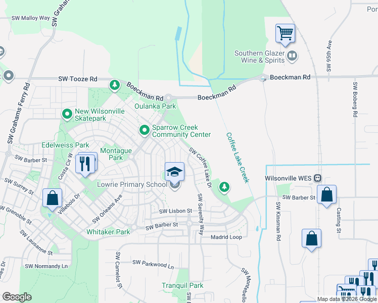map of restaurants, bars, coffee shops, grocery stores, and more near 28587 Southwest Coffee Lake Drive in Wilsonville