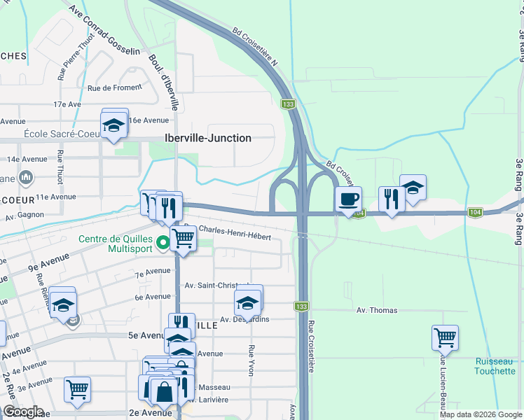 map of restaurants, bars, coffee shops, grocery stores, and more near 25 Québec 104 in Saint-Jean-sur-Richelieu