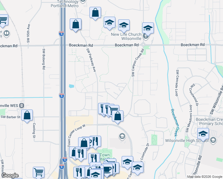 map of restaurants, bars, coffee shops, grocery stores, and more near 28612 Southwest Ash Meadows Boulevard in Wilsonville