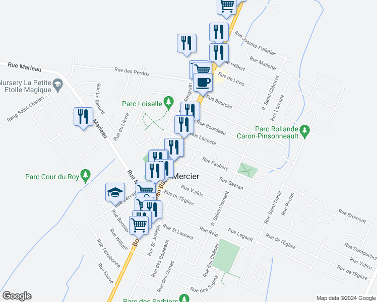 map of restaurants, bars, coffee shops, grocery stores, and more near 818 Boulevard Saint-Jean-Baptiste in Mercier
