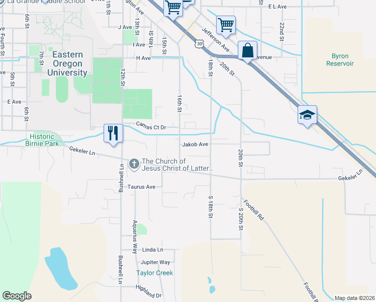 map of restaurants, bars, coffee shops, grocery stores, and more near 2209 Terra Lee Court in La Grande