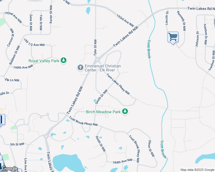 map of restaurants, bars, coffee shops, grocery stores, and more near 18840 Smith Drive Northwest in Elk River