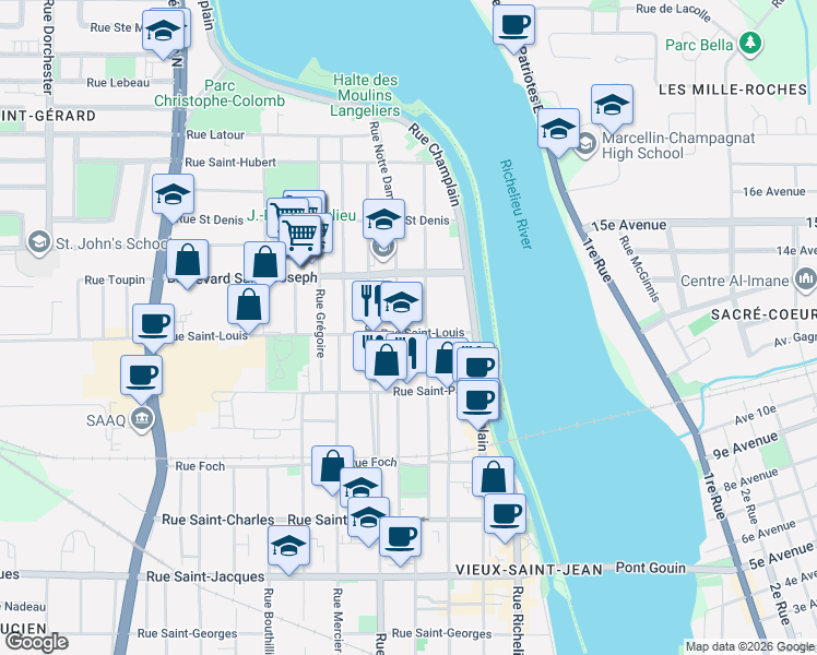 map of restaurants, bars, coffee shops, grocery stores, and more near 47 Rue Saint-Louis in Saint-Jean-sur-Richelieu