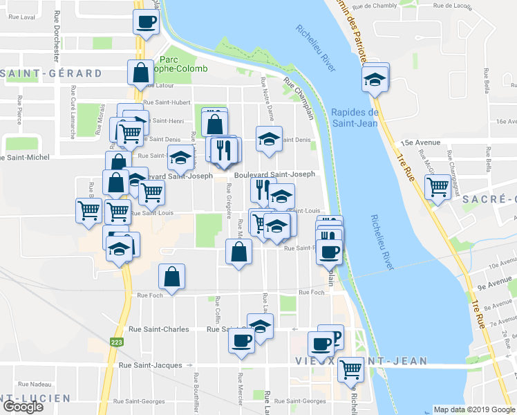 map of restaurants, bars, coffee shops, grocery stores, and more near 422 Rue Laurier in Saint-Jean-sur-Richelieu