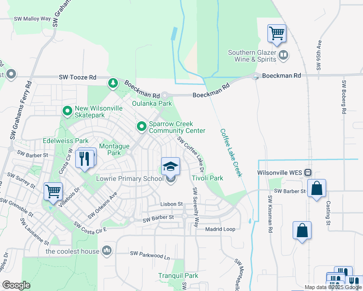 map of restaurants, bars, coffee shops, grocery stores, and more near 28551 Southwest Coffee Lake Drive in Wilsonville