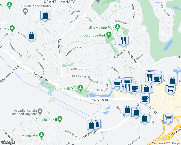 map of restaurants, bars, coffee shops, grocery stores, and more near 124 Goldridge Drive in Ottawa