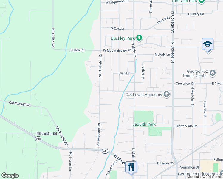 map of restaurants, bars, coffee shops, grocery stores, and more near 1801 North Daniel Drive in Newberg